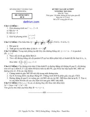 Đề thi vào Lớp 10 THPT môn Toán - Đề B - Năm học 2015-2016 - Sở Giáo dục và Đào tạo Thanh Hóa (Có đáp án)